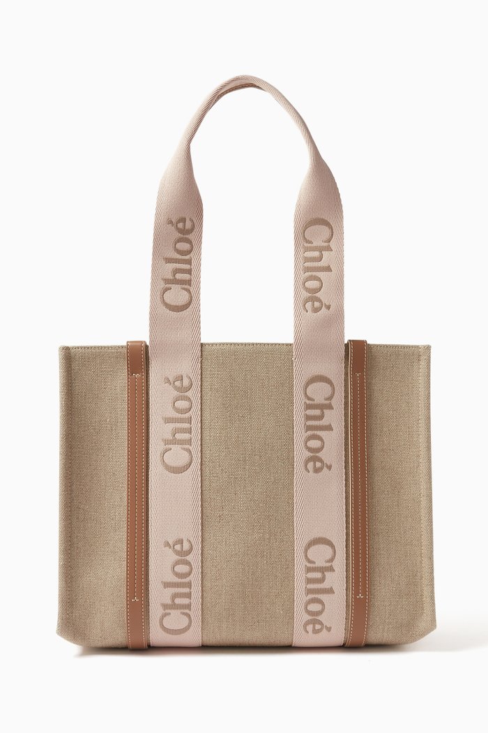 

Woody Medium Tote Bag in Linen Canvas, Pink