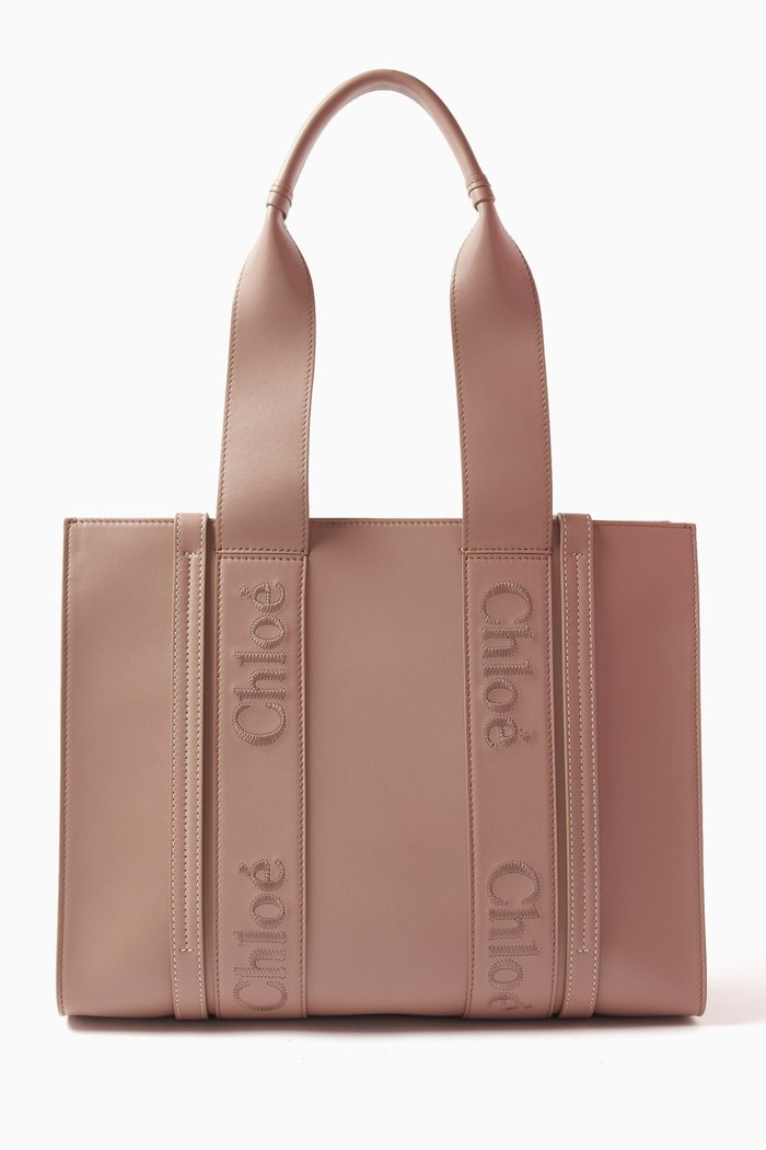 Medium Woody Tote Bag in Calfskin Leather, Pink