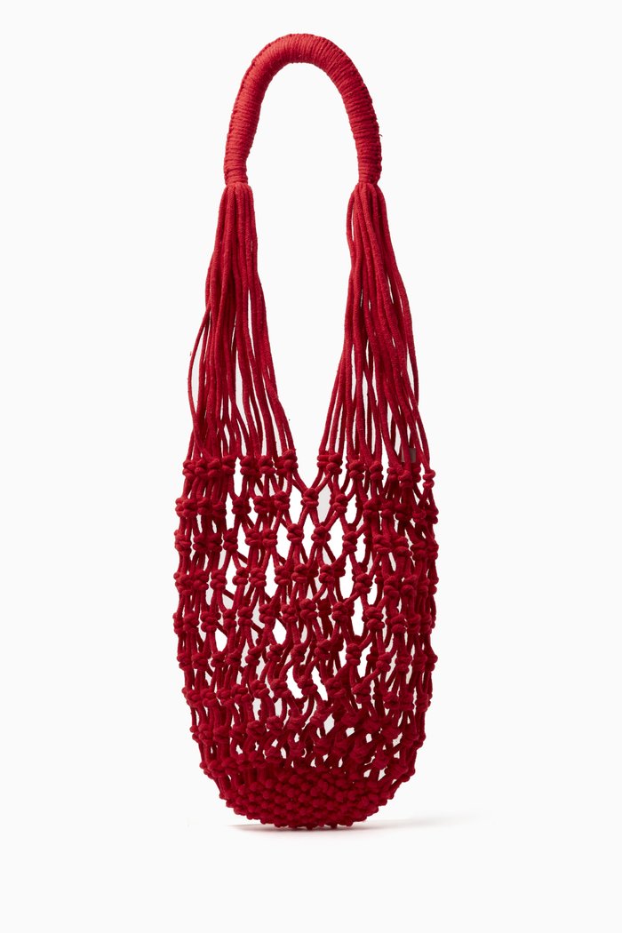 

Medium Kim Bucket Bag in Cotton Macramé, Red