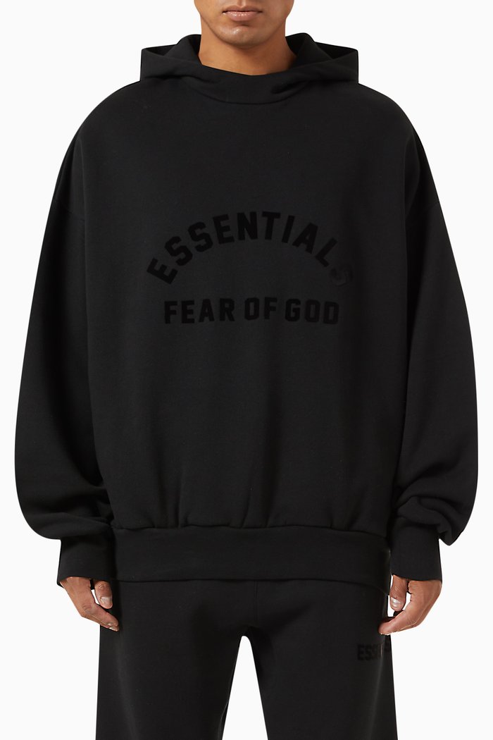 

Flocked Logo Hoodie in Cotton-blend Fleece, Black