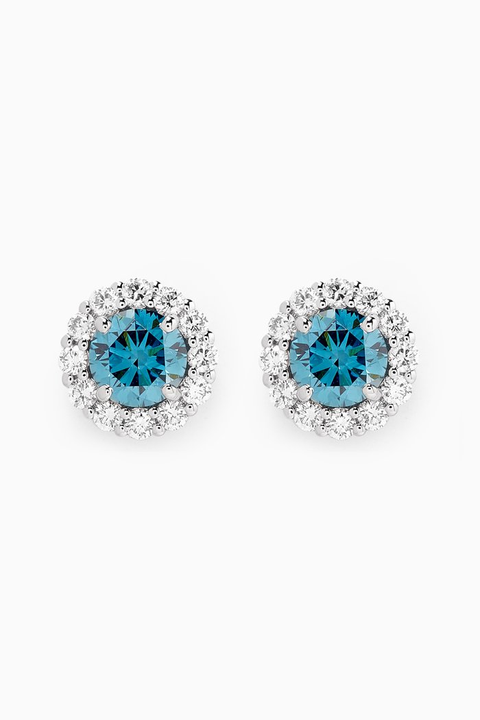 Fancy Vivid Halo Diamond Stud Earrings in 18kt White Gold, Blue