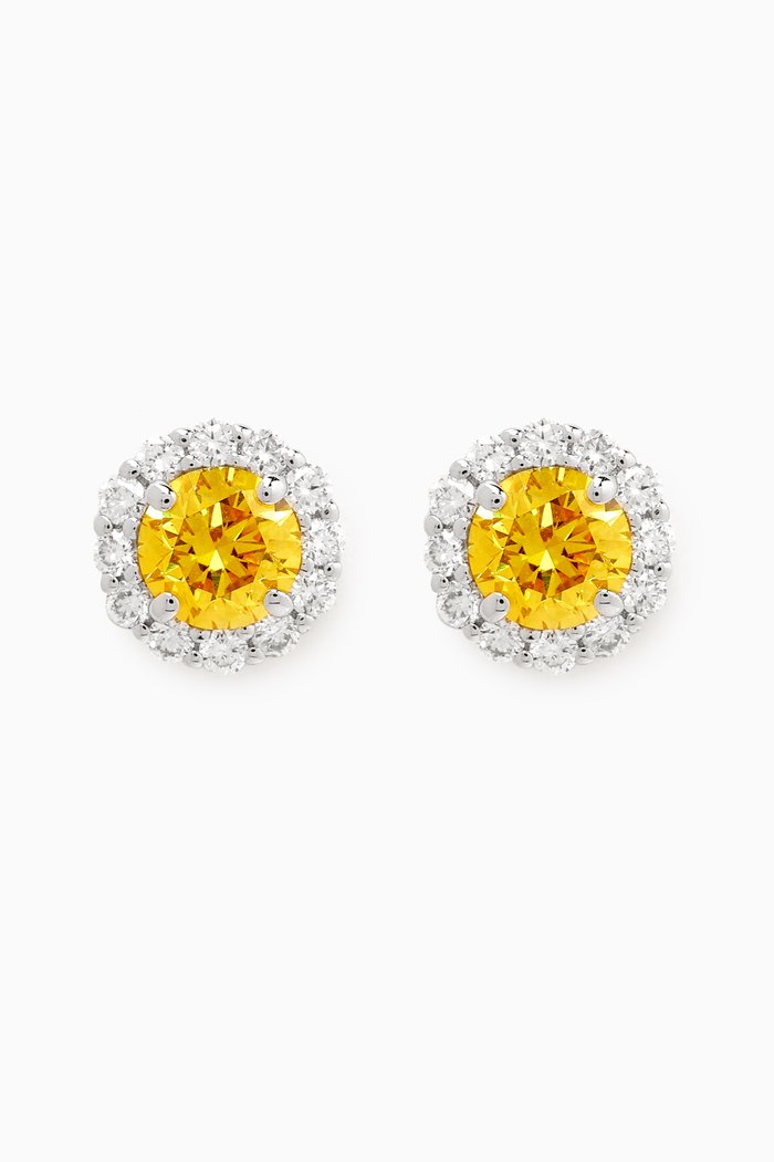 

Fancy Vivid Halo Diamond Stud Earrings in 18kt White Gold, Yellow