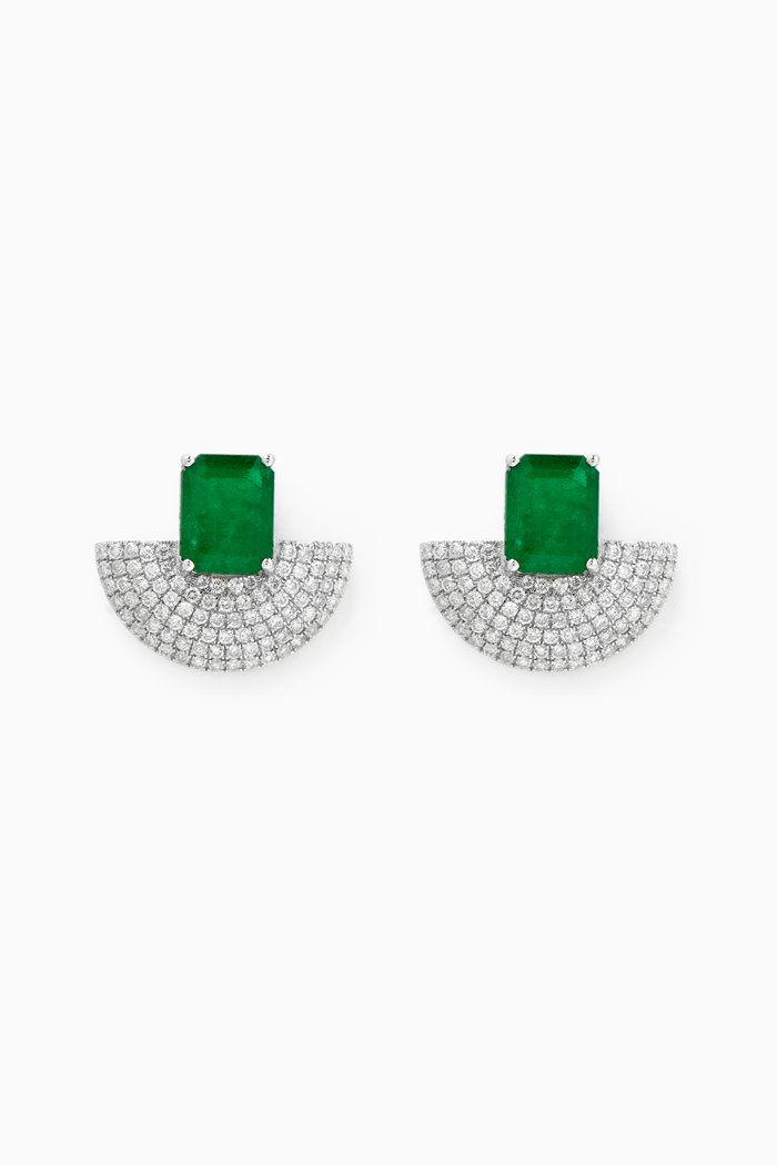Emerald & Diamond Earrings in 18kt White Gold, Silver