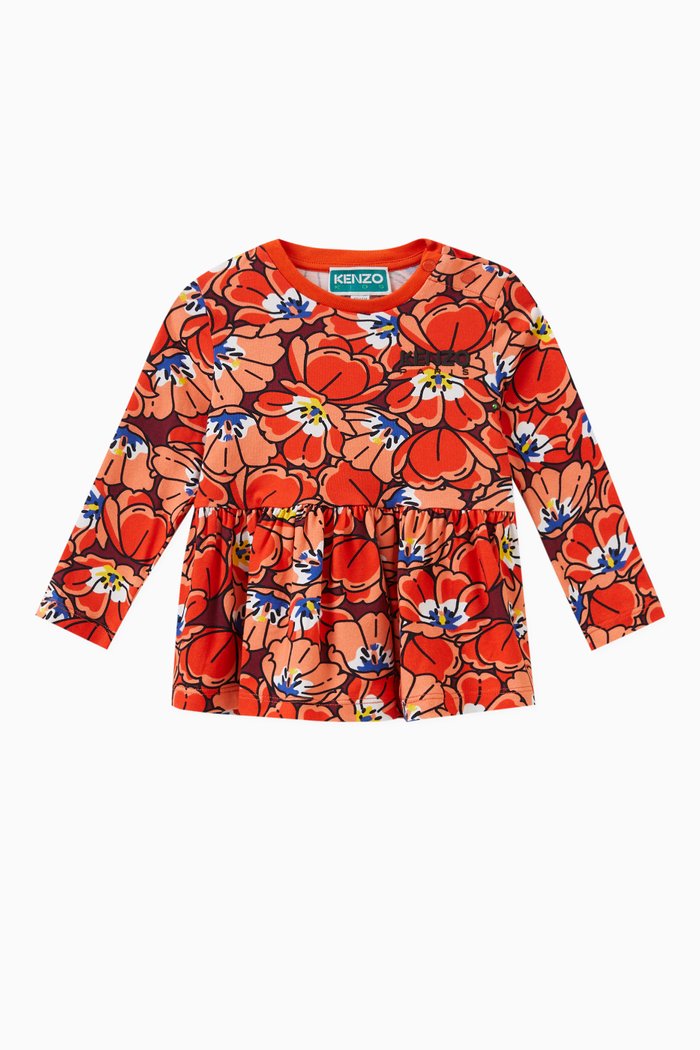 Floral Logo Top in Cotton, Red