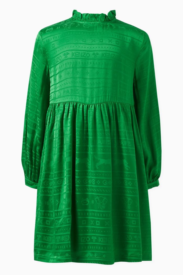

Self Print Long Sleeved Dress in Viscose, Green