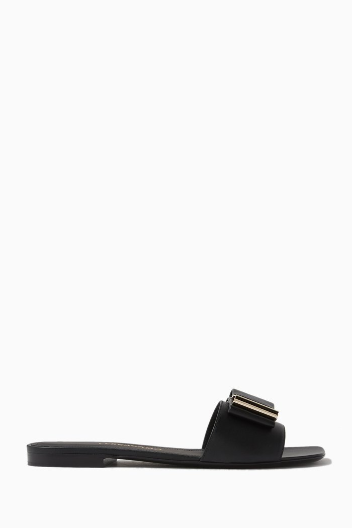 

Lyana Double Bow Slides in Leather, Black