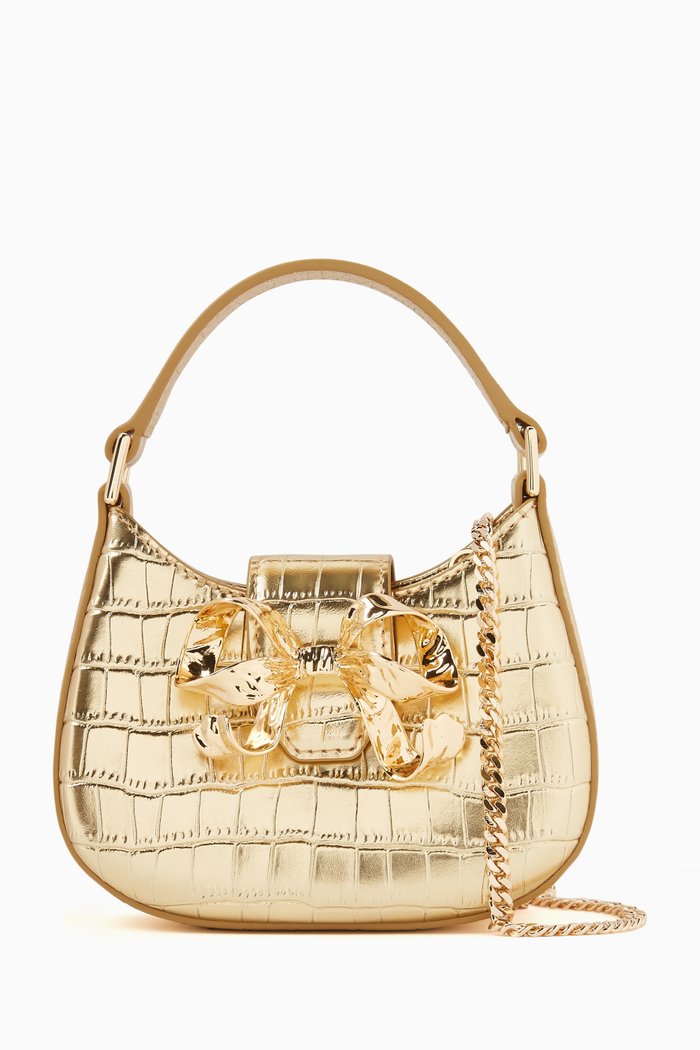 

The Crescent Micro Bow Bag in Croc-embossed Metallic Leather, Gold