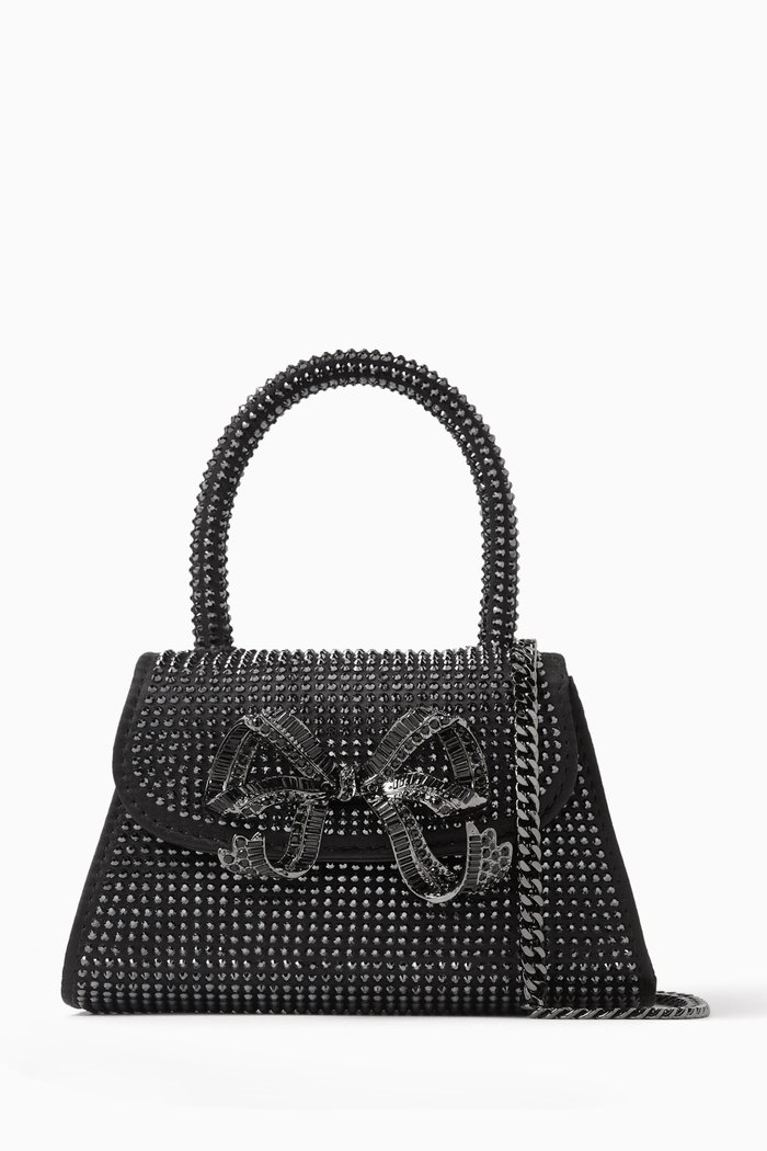 The Bow Micro Bag in Rhinestone-embellished Leather, Black