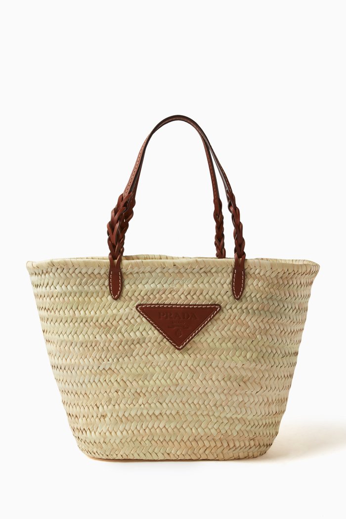 

Triangle Logo Tote Bag in Raffia & Leather, Neutral