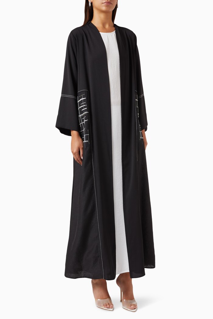 

3-piece Geometric-stitch Embellished Abaya Set in Organza, Black