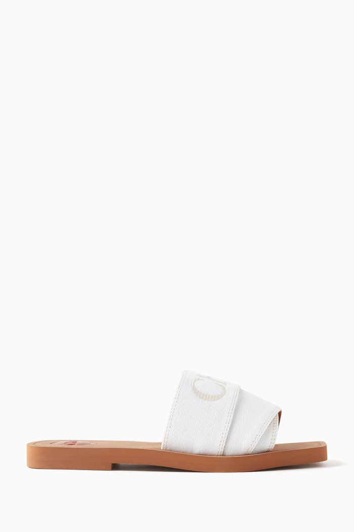 

Woody Logo Slides in Denim & Leather, White