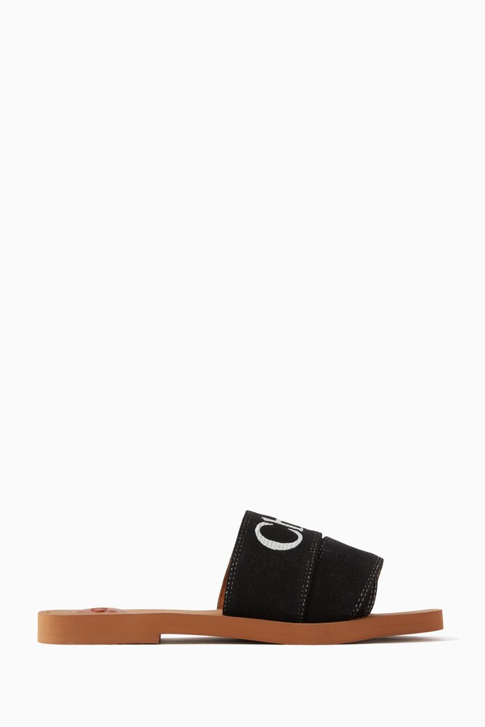 

Woody Logo Slides in Denim, Black