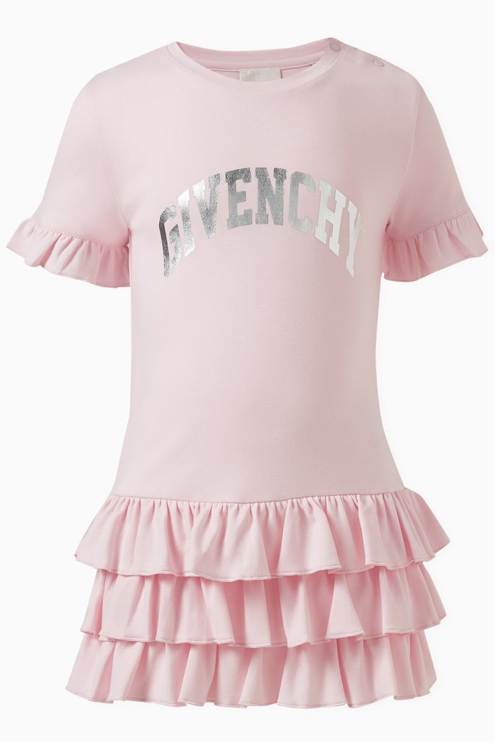 Logo-print Ruffled Dress in Cotton, Pink