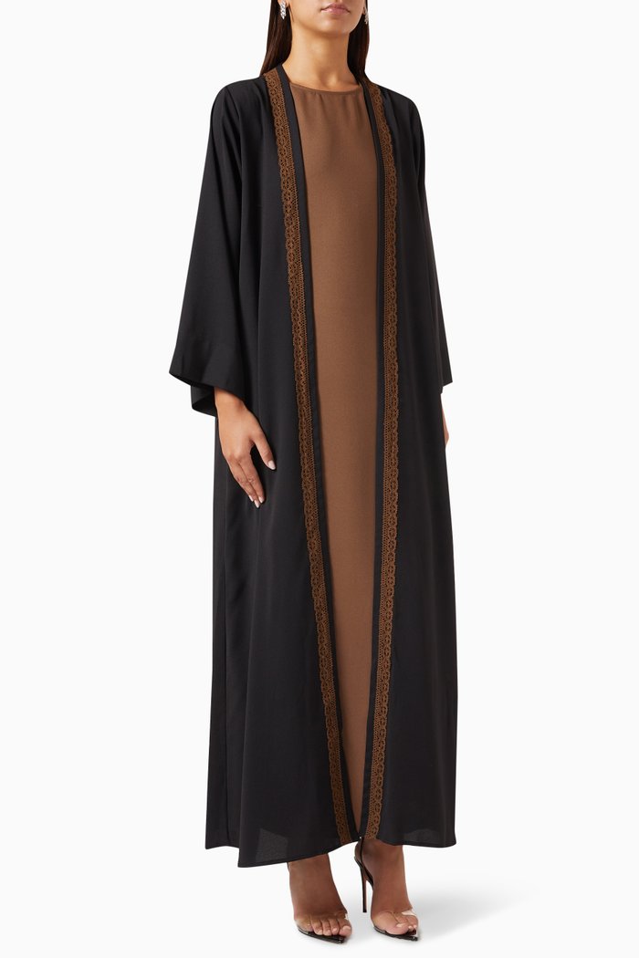 

3-piece Lace-trimmed Abaya Set, Black