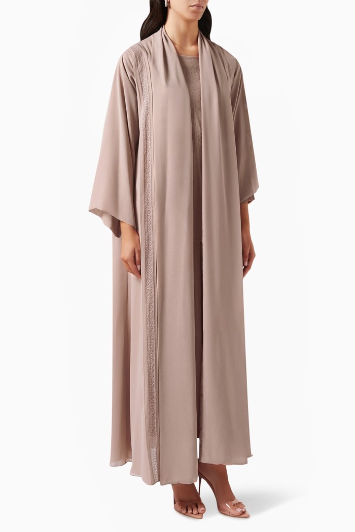4-piece Lace-embroidered Abaya Set in Chiffon, Neutral