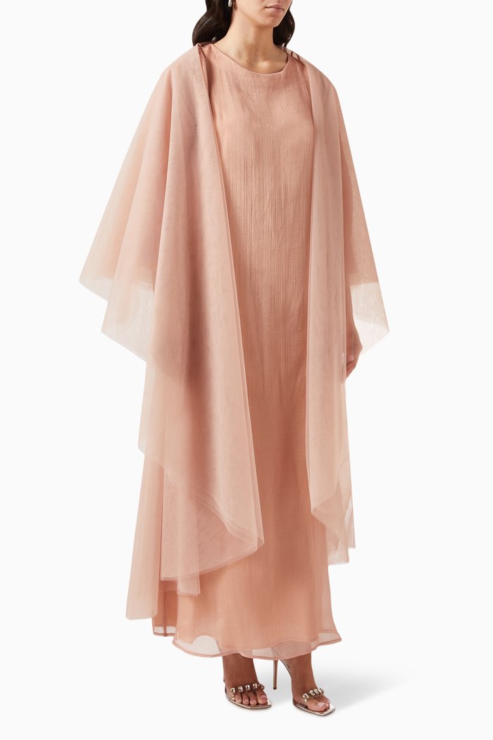 

3-piece Shawl Cape Abaya Set in Tulle, Pink