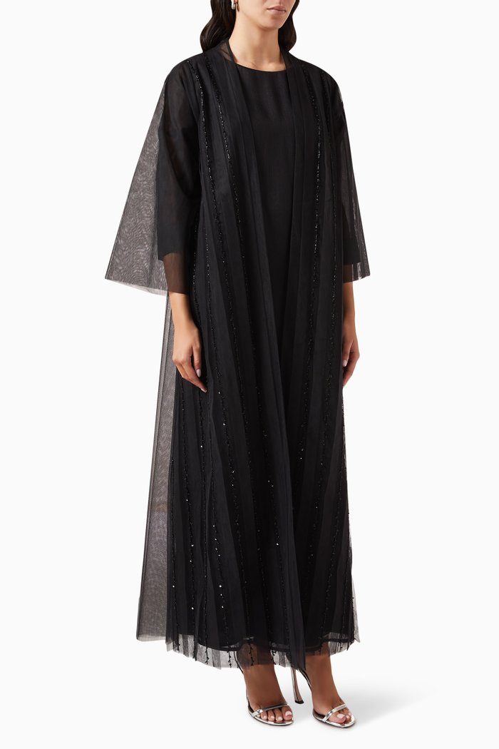 

3-piece Bead-embellished Abaya Set in Tulle, Black