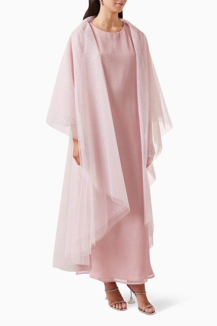 

3-piece Shawl Cape Abaya Set in Tulle, Pink