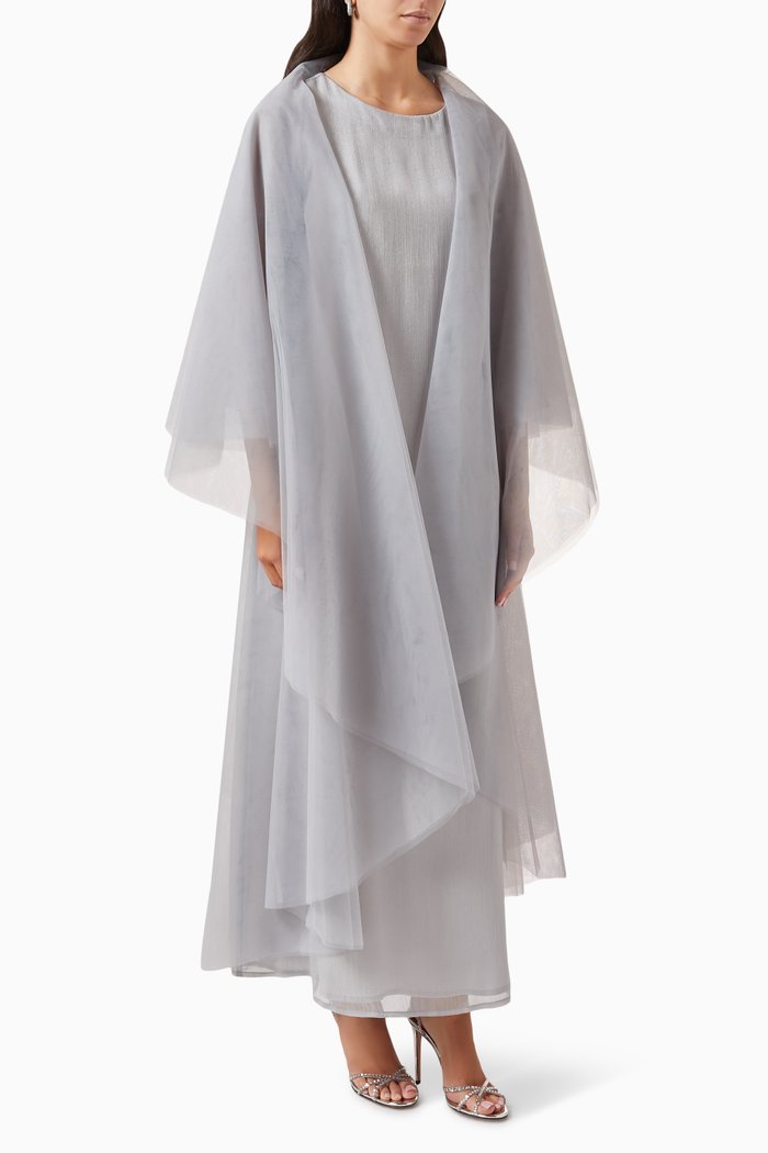 

3-piece Shawl Cape Abaya Set in Tulle, Grey