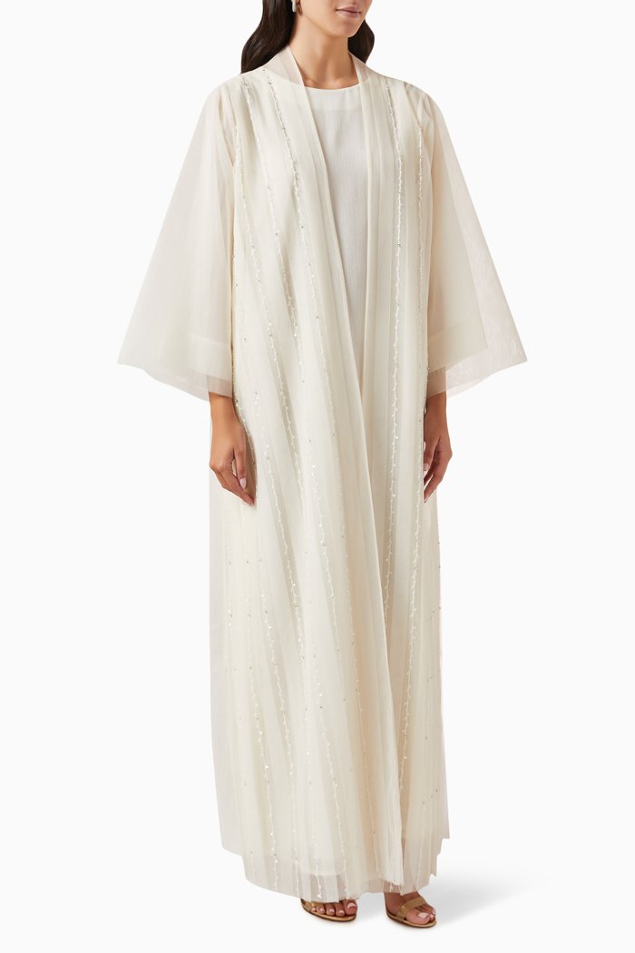 

3-piece Bead-embellished Abaya Set in Tulle, White
