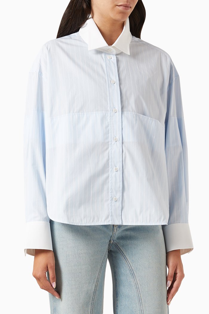 

Tuck Striped Shirt in Cotton Poplin, Blue