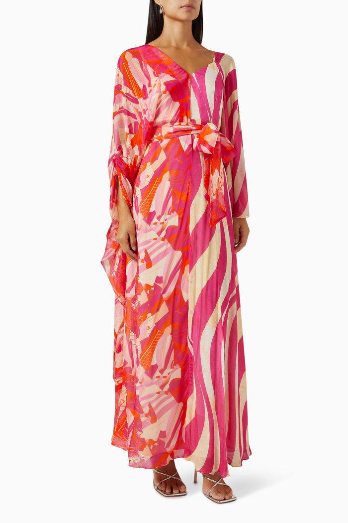 Printed Kaftan in Satin, Pink