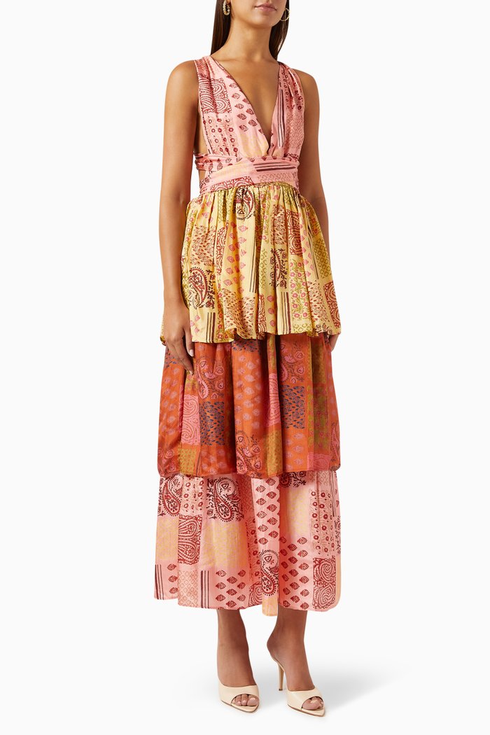 

Lusia Tiered Maxi Dress in Silk Habotai, Multicolour