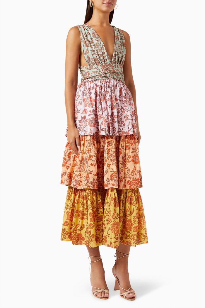 

Franca Tiered Midi Dress in Cotton-voile, Multicolour