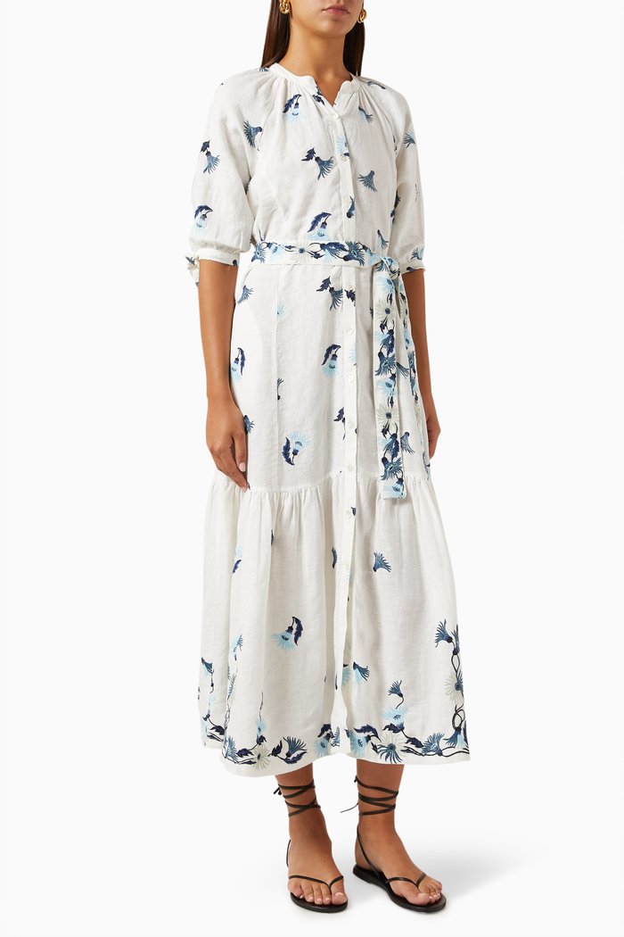 

Athena Embroidered Midi Dress in Linen, White