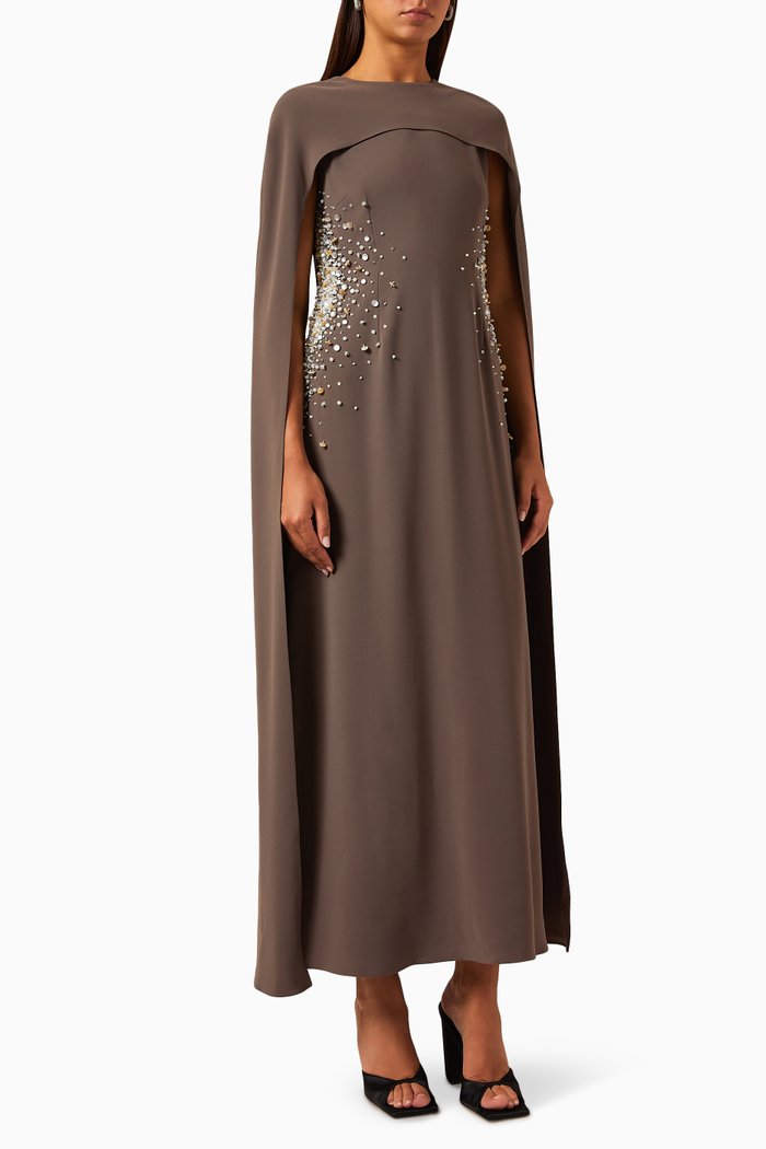 Ines Embellished Cape Dress, Brown