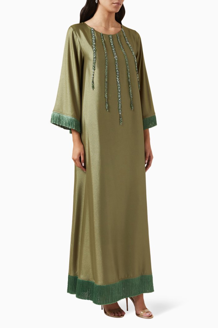 

Embellished Fringed Jalabiya in Silk-crepe, Green