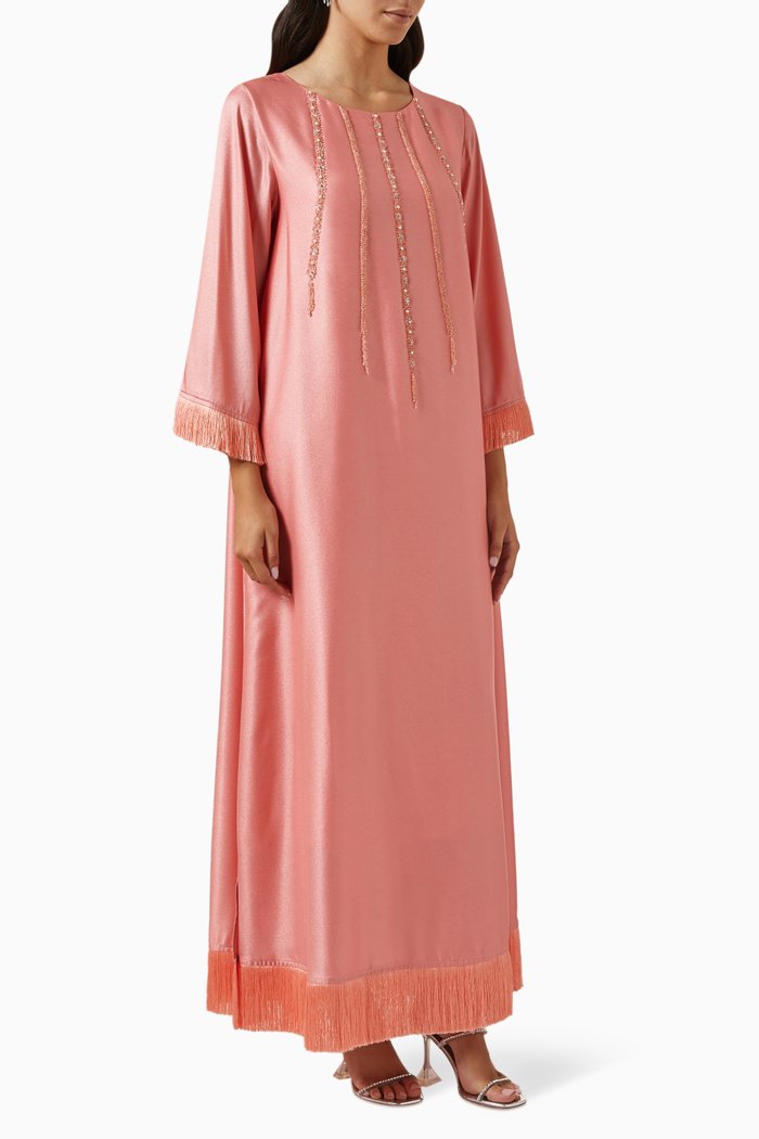 Embellished Fringed Jalabiya in Silk-crepe, Pink