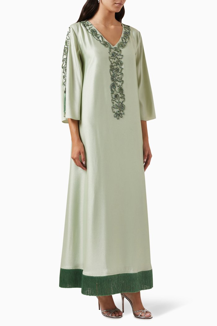 

Embellished Taselled Jalabiya in Crepe, Green