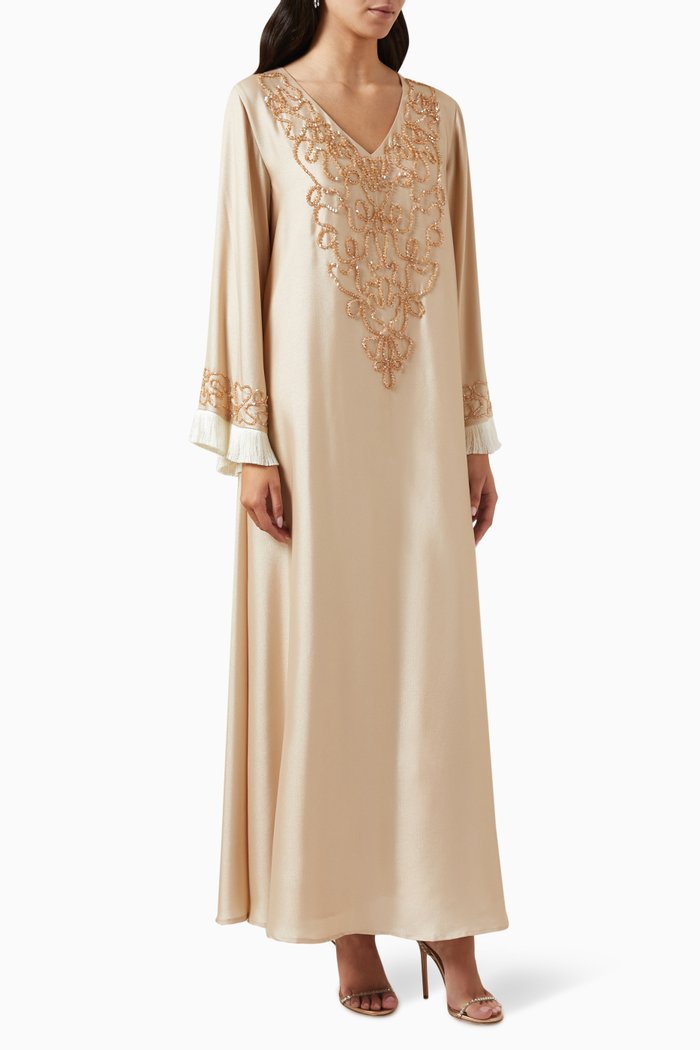 

Embellished Fringed Jalabiya in Silk-crepe, Neutral