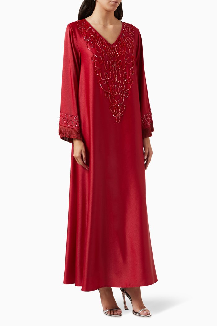 

Embellished Fringed Jalabiya in Silk-crepe, Red