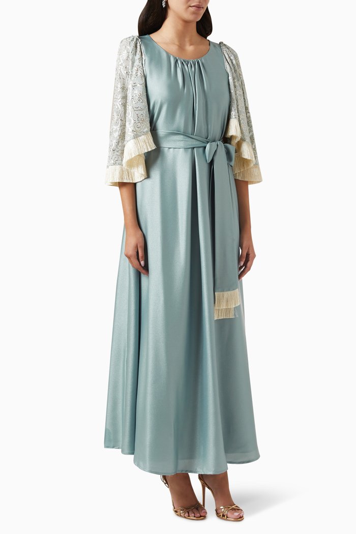 

Belted Jalabiya in Crepe & Chiffon, Blue
