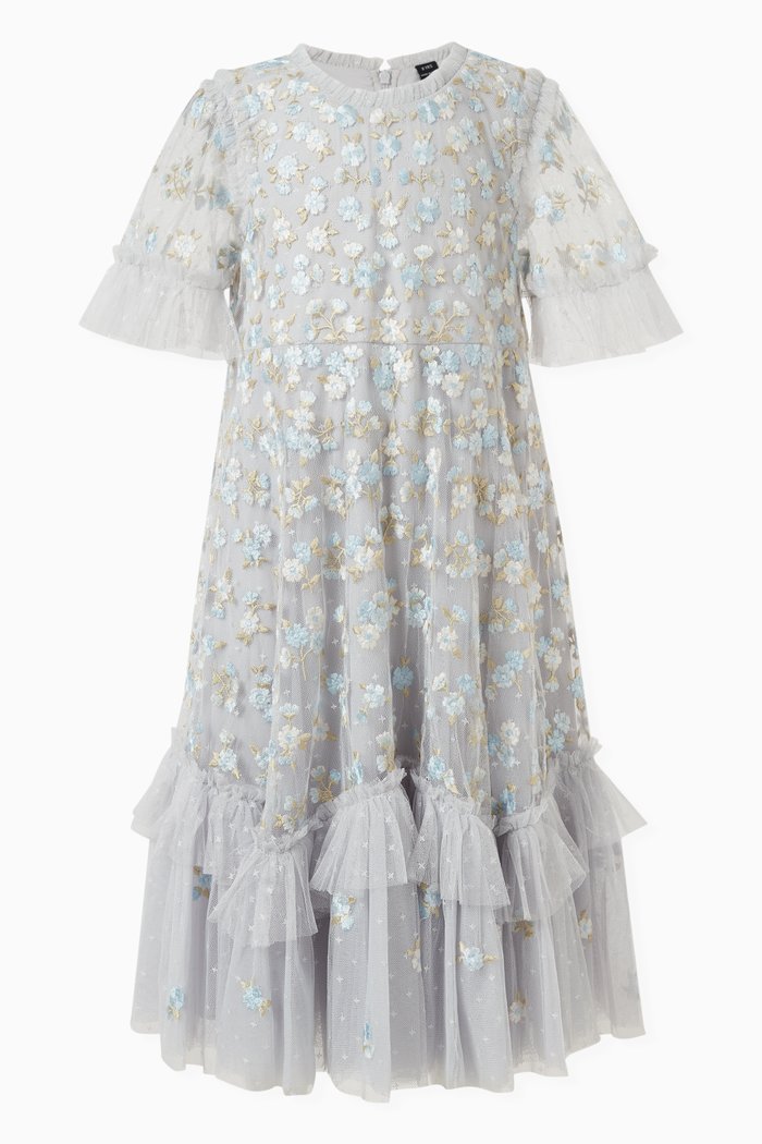 

Evening Primrose Embroidered Dress in Tulle, Blue