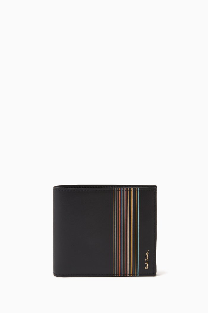 

Signature Stripe Block Billfold Wallet in Leather, Black
