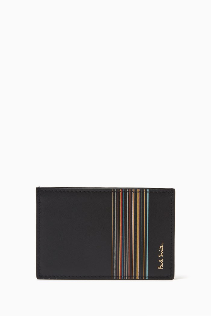 

Signature Stripe Block Credit Card Holder in Leather, Black
