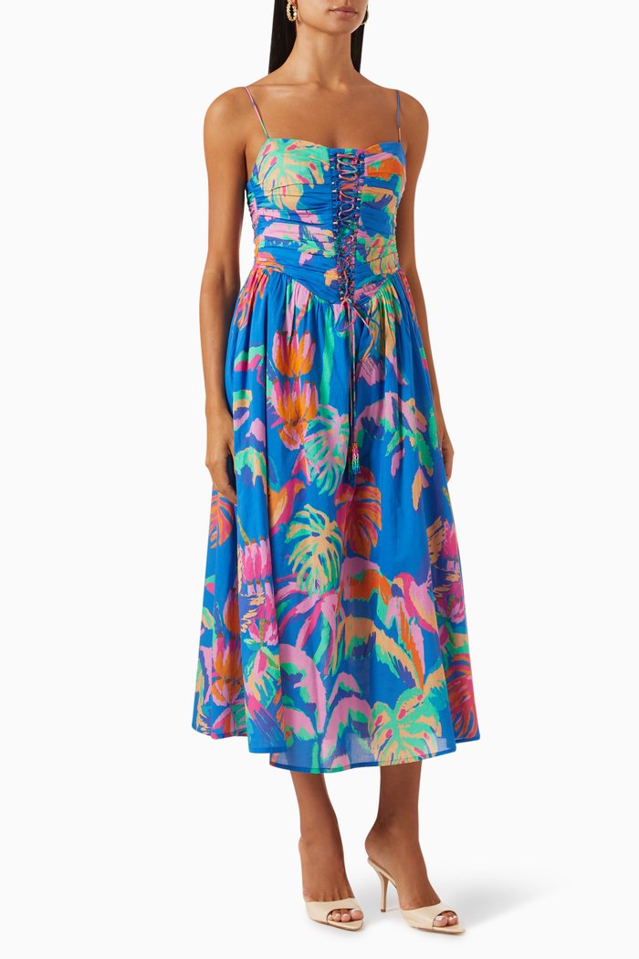 

Painted Jungle Midi Dress in Cotton, Blue