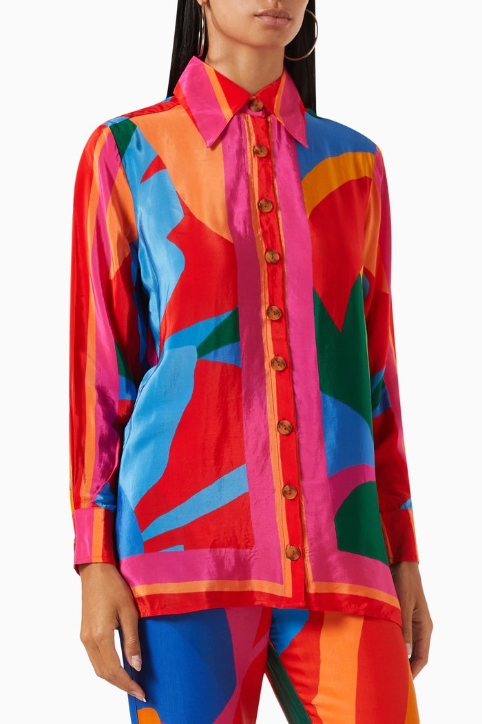 

Colourful Leaves Long-sleeve Shirt in Satin, Multicolour