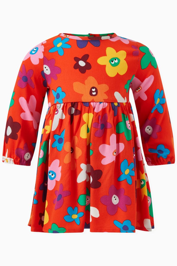 

Floral-print Flared Dress in Cotton, Red