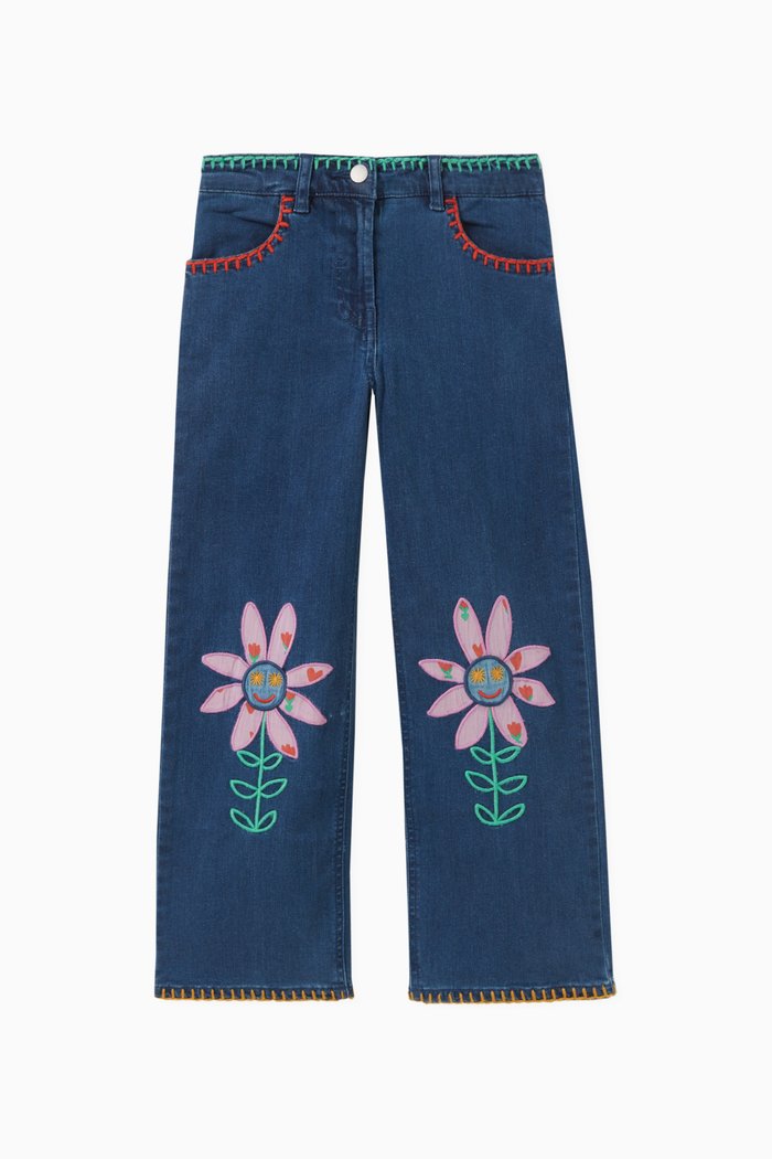 Floral-embroidered Denim Pants in Cotton, Blue