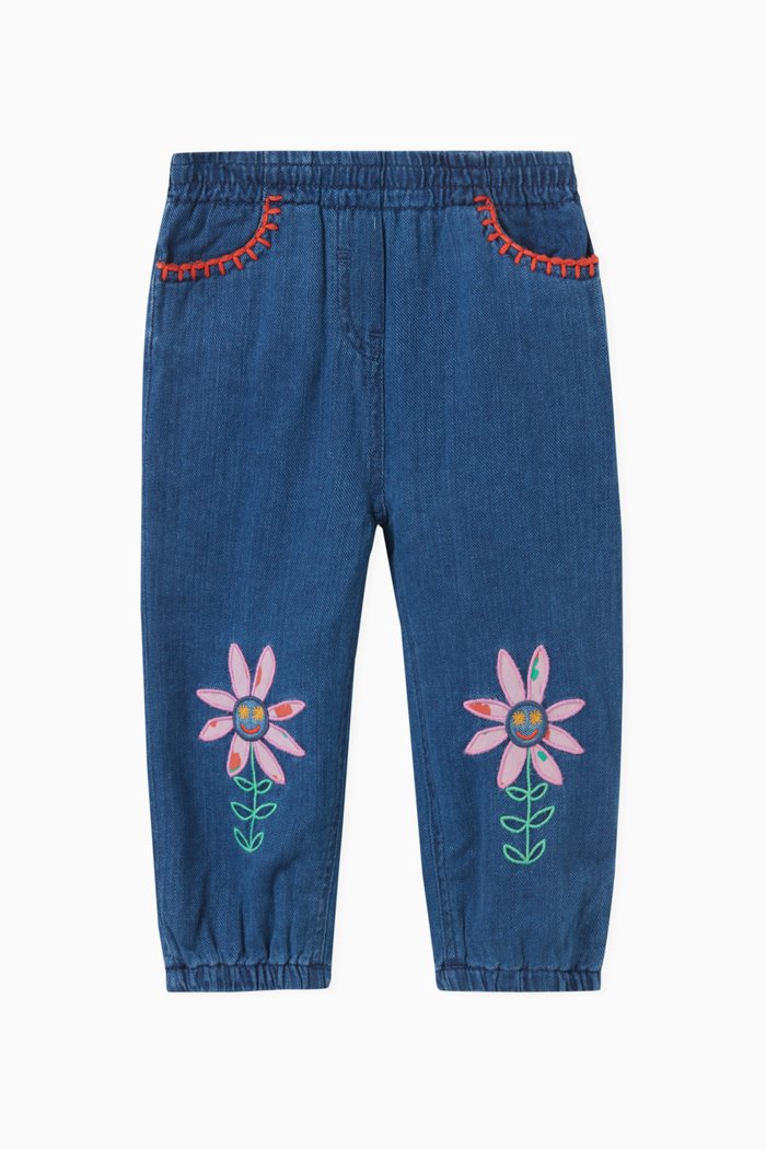 

Floral-embroidered Denim Pants in Cotton, Blue