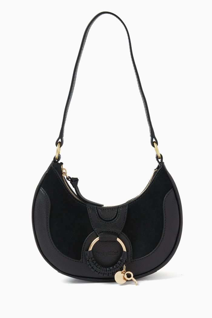 

Hana Half Moon Bag in Grained Goatskin & Suede Cowhide, Black