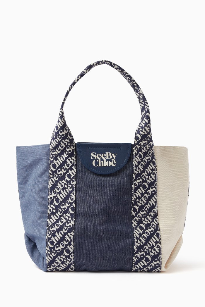 

Small Laetizia Tote Bag in Canvas, Denim and Signature Jacquard, Blue