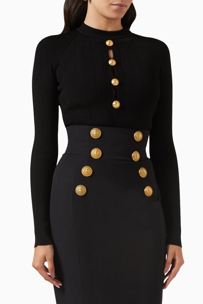 

Buttoned Bodysuit in Ribbed-knit, Black