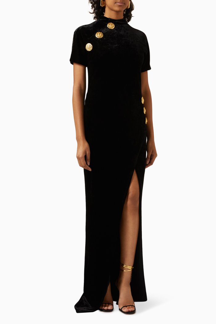 

6-button Maxi Dress in Velvet-jersey, Black