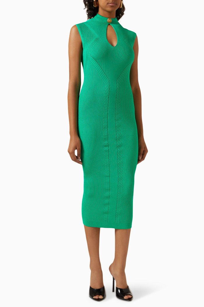 

Sleeveless Midi Dress in Ribbed-knit, Green