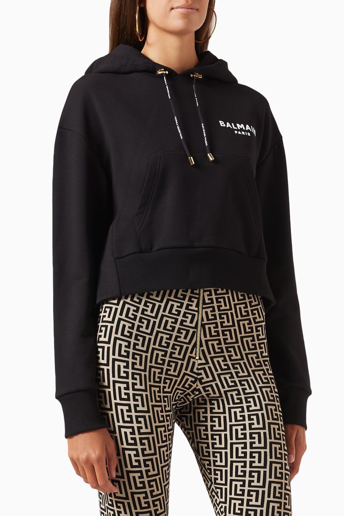 

Flocked Logo Crop Hoodie in Cotton, Black
